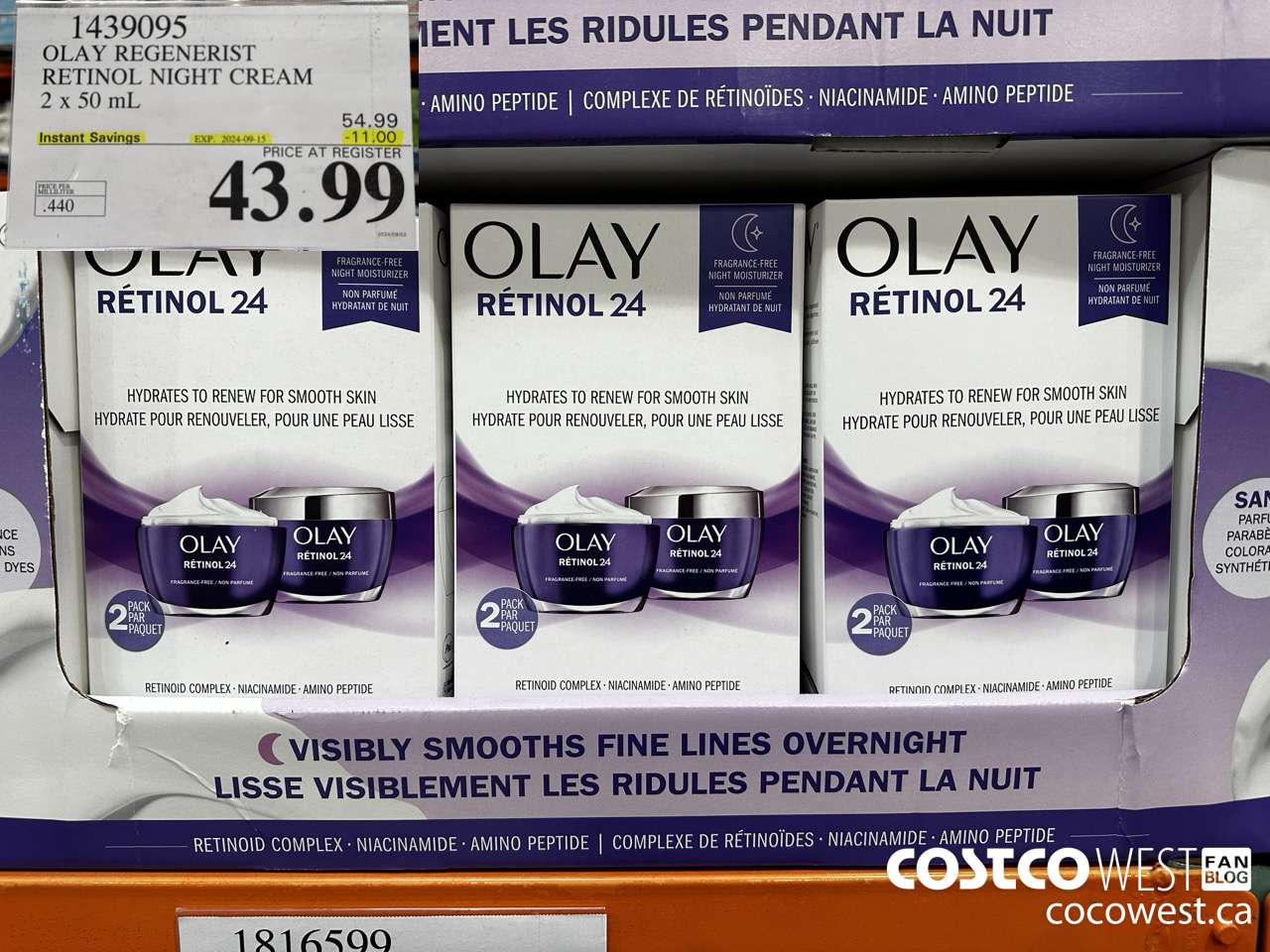 1439095 OLAY REGENERIST RETINOL24 NIGHT CREAM 2 x 50 mL ($11.00 INSTANT SAVINGS EXPIRES ON 2024-09-15) $43.99