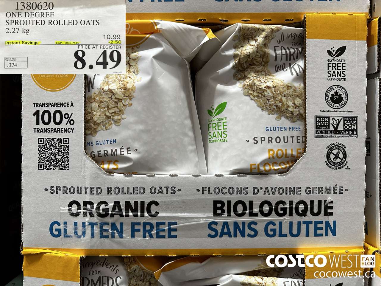 1380620 ONE DEGREE SPROUTED ROLLED OATS 2.27 KG ($2.50 INSTANT SAVINGS EXPIRES ON 2024-09-15) $8.49