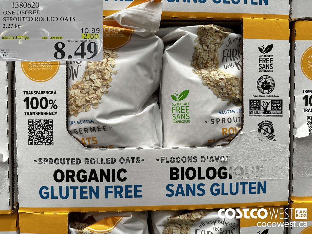 1380620 ONE DEGREE SPROUTED ROLLED OATS 2.27 KG ($2.50 INSTANT SAVINGS EXPIRES ON 2024-09-15) $8.49