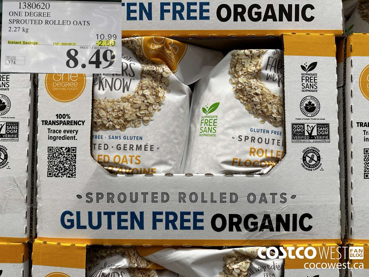 1380620 ONE DEGREE SPROUTED ROLLED OATS 2.27 KG ($2.50 INSTANT SAVINGS EXPIRES ON 2024-09-15) $8.49