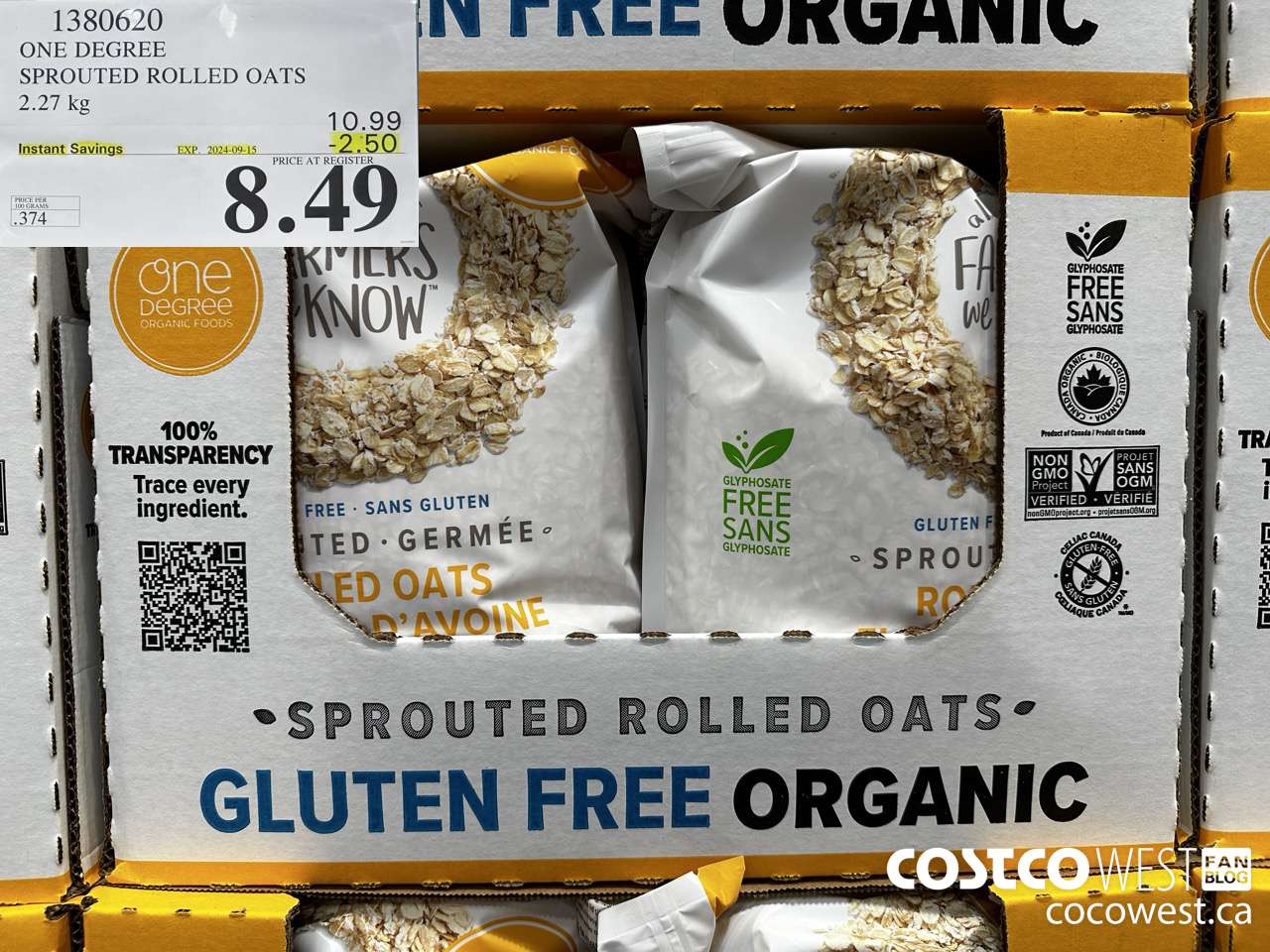 1380620 ONE DEGREE SPROUTED ROLLED OATS 2.27 KG ($2.50 INSTANT SAVINGS EXPIRES ON 2024-09-15) $8.49