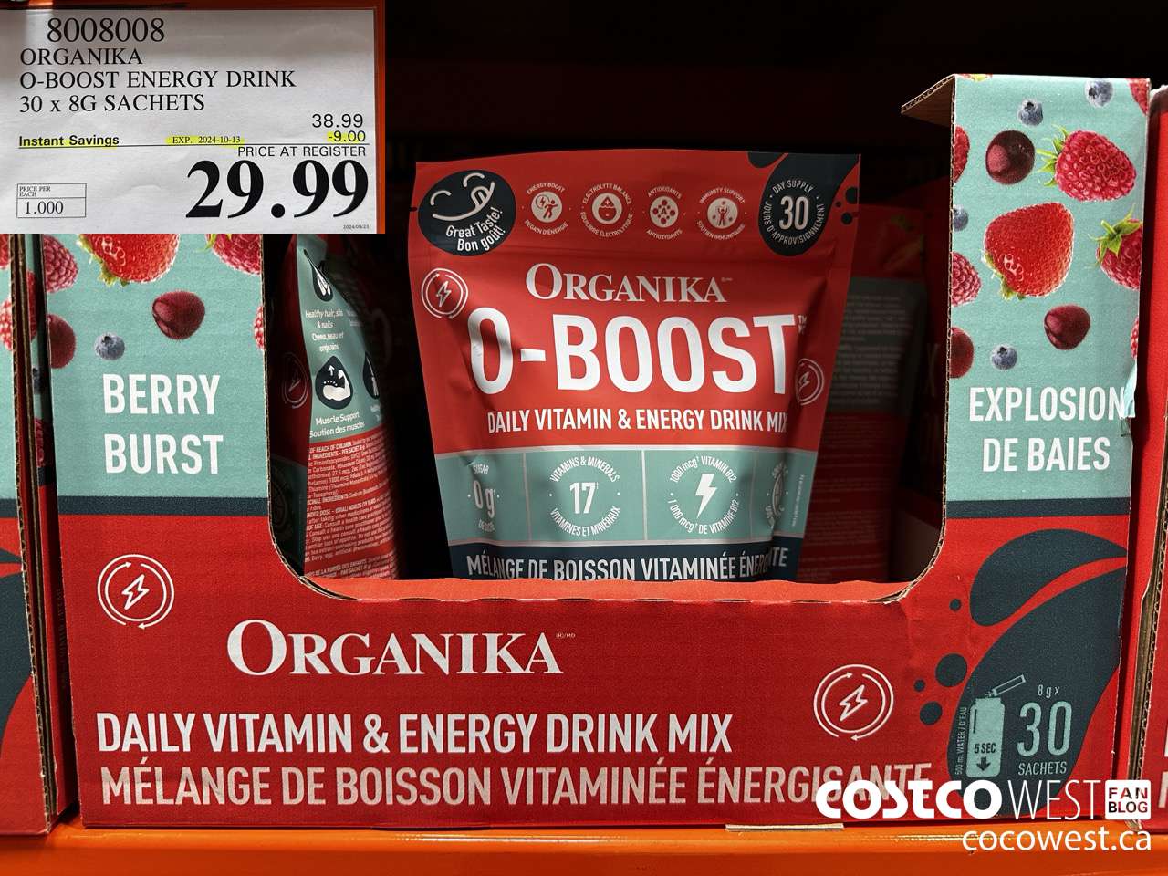 8008008 ORGANIKA O-BOOST ENERGY DRINK 30 X 8G SACHETS ($9.00 INSTANT SAVINGS EXPIRES ON 2024-10-13) $29.99