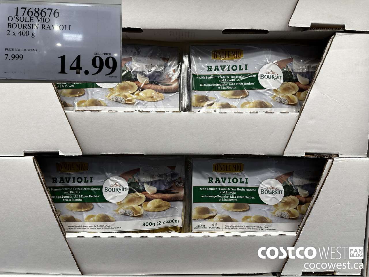 1768676 O'SOLE MIO BOURSIN RAVIOLI 2 X 400G $14.99