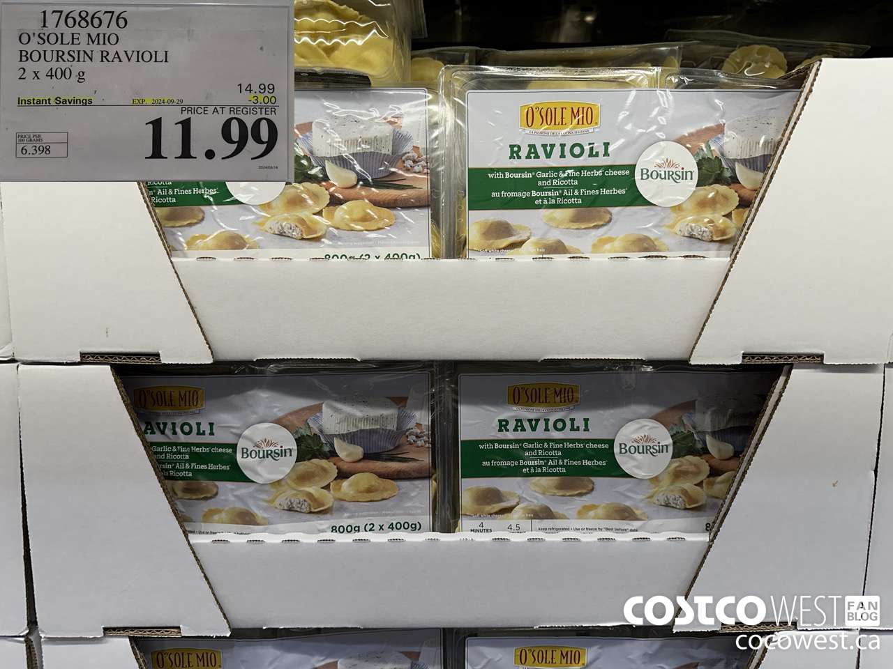 1768676 O'SOLE MIO BOURSIN RAVIOLI 2 X 400G ($3.00 INSTANT SAVINGS EXPIRES ON 2024-09-29) $11.99