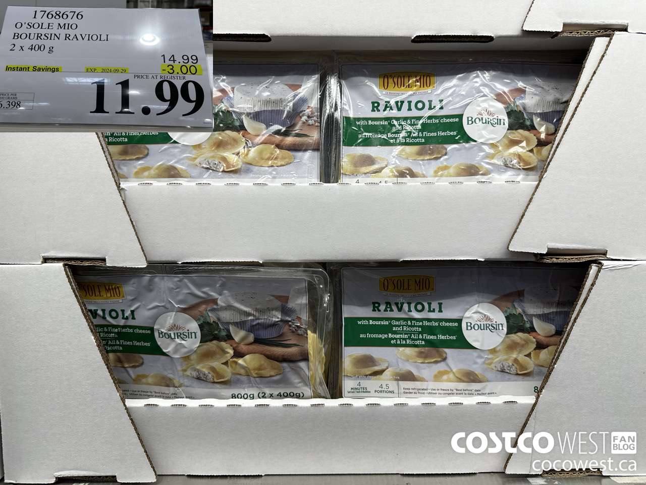 1768676 O'SOLE MIO BOURSIN RAVIOLI 2 X 400G ($3.00 INSTANT SAVINGS EXPIRES ON 2024-09-29) $11.99