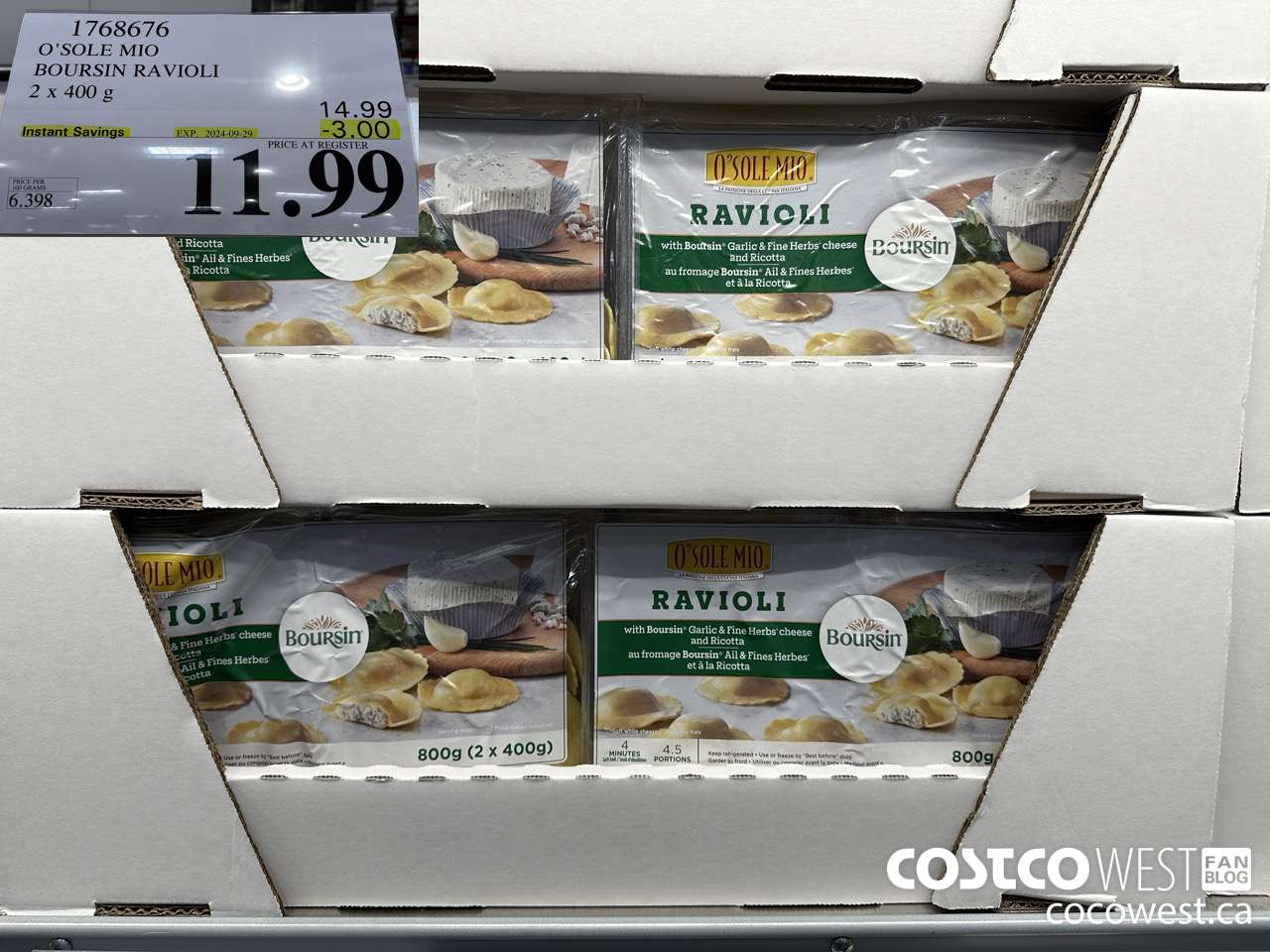 1768676 O'SOLE MIO BOURSIN RAVIOLI 2 X 400G ($3.00 INSTANT SAVINGS EXPIRES ON 2024-09-29) $11.99