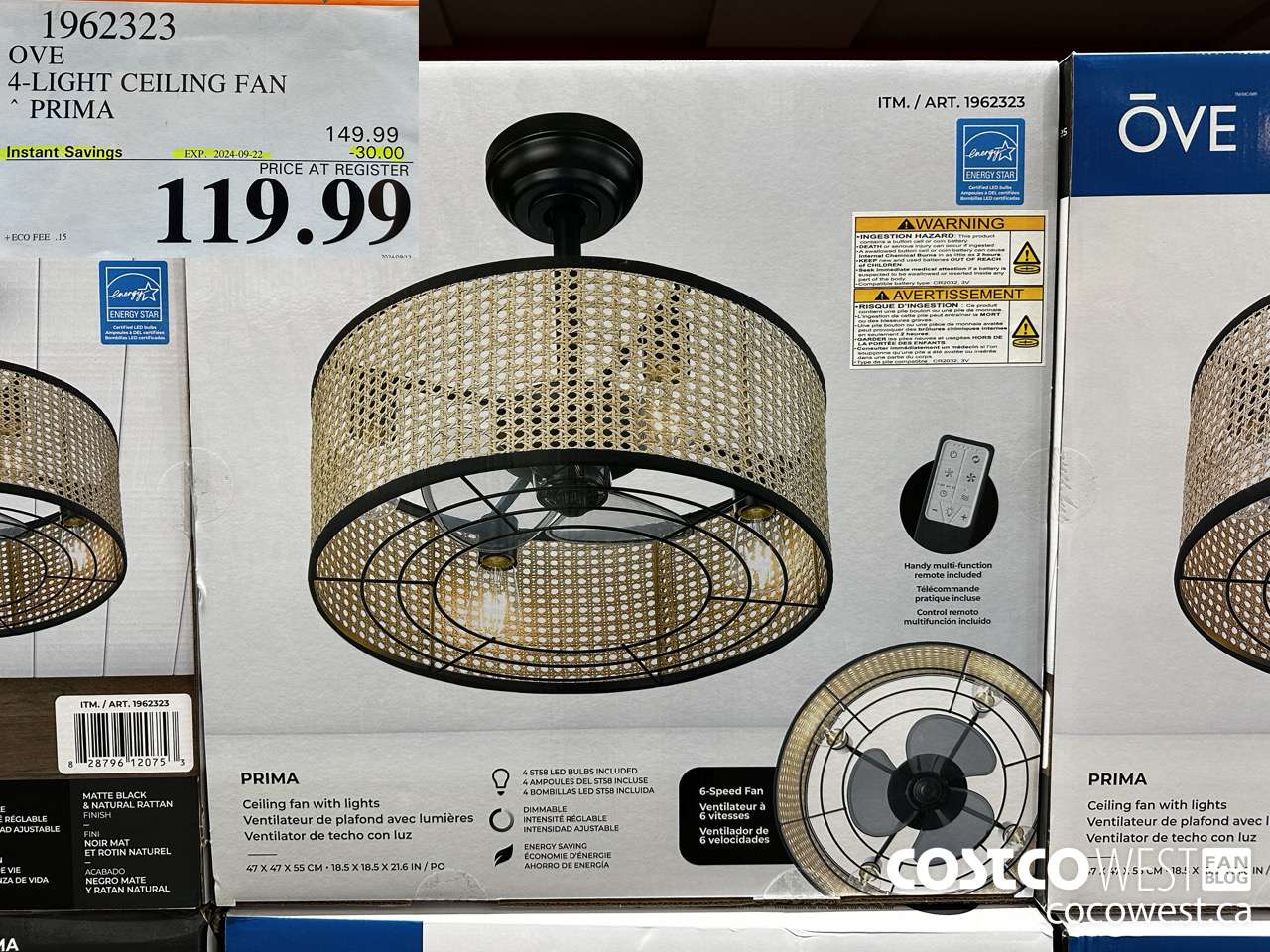 1962323 OVE 4-LIGHT CEILING FAN PRIMA ($30.00 INSTANT SAVINGS EXPIRES ON 2024-09-22) $119.99