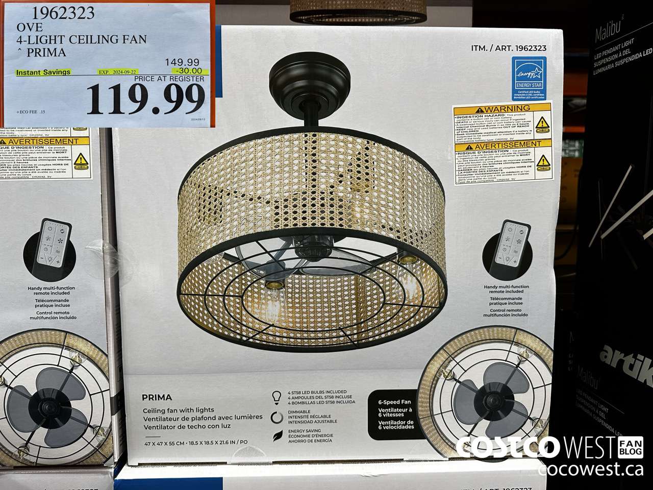 1962323 OVE 4-LIGHT CEILING FAN PRIMA ($30.00 INSTANT SAVINGS EXPIRES ON 2024-09-22) $119.99