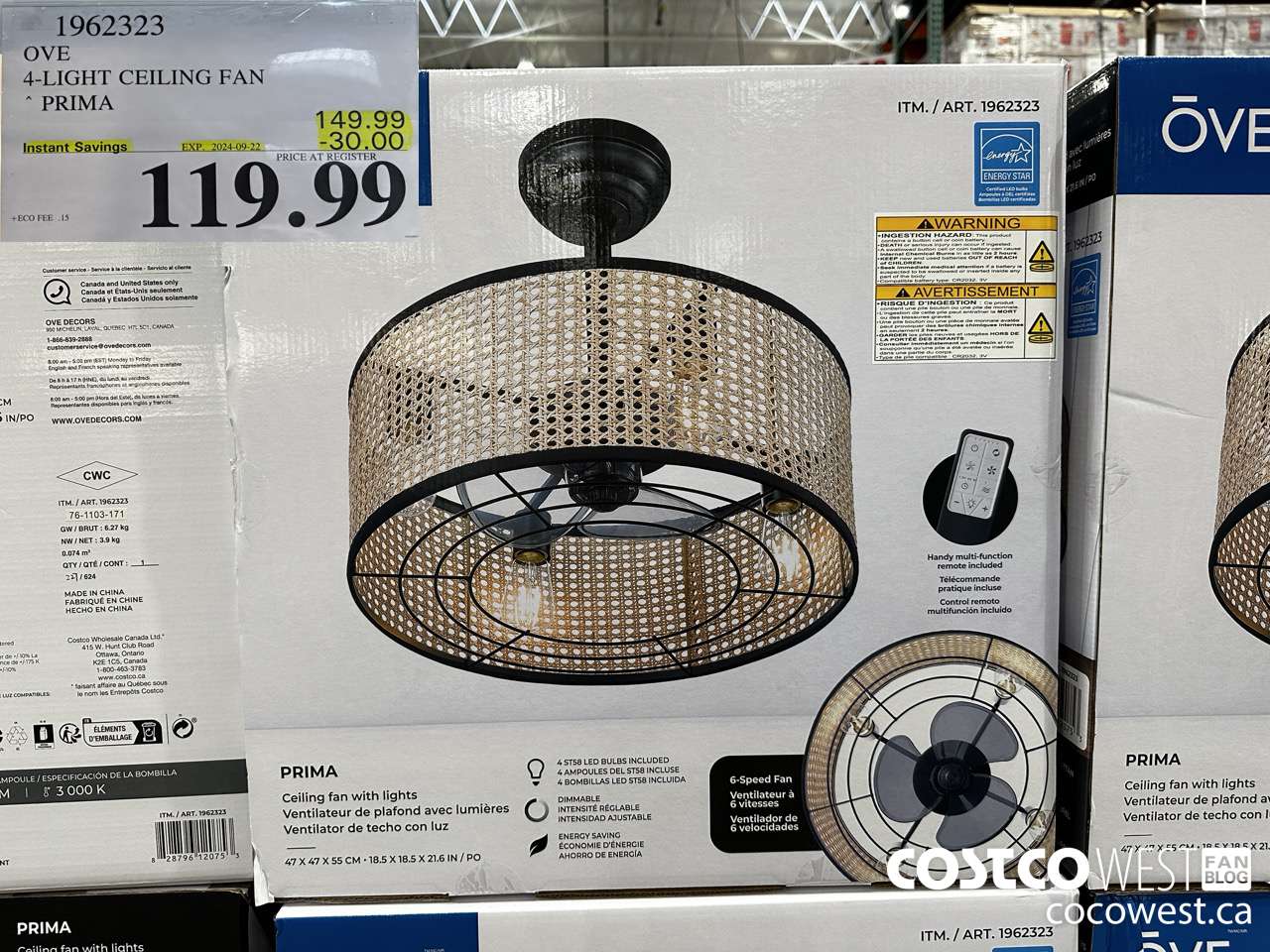 1962323 OVE 4-LIGHT CEILING FAN PRIMA ($30.00 INSTANT SAVINGS EXPIRES ON 2024-09-22) $119.99