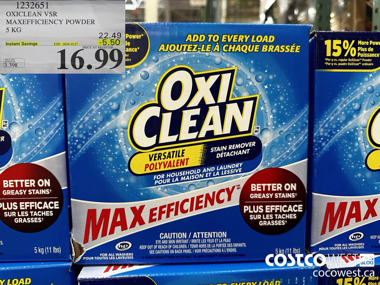 1232651 OXICLEAN VSR MAXEFFICIENCY POWDER 5 KG ($5.50 INSTANT SAVINGS EXPIRES ON 2024-10-27) $16.99
