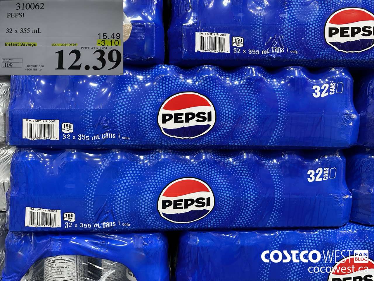 310062 PEPSI 32 X 355 ML ($3.10 INSTANT SAVINGS EXPIRES ON 2024-09-08) $12.39