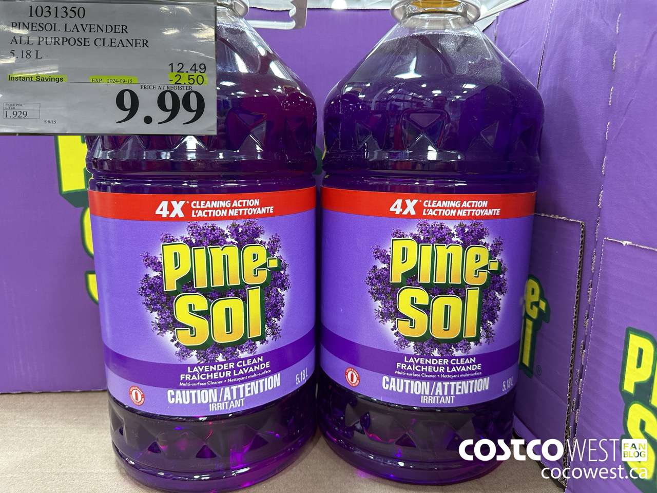 1031350 PINESOL LAVENDER ALL PURPOSE CLEANER 5.18 L ($2.50 INSTANT SAVINGS EXPIRES ON 2024-09-15) $9.99