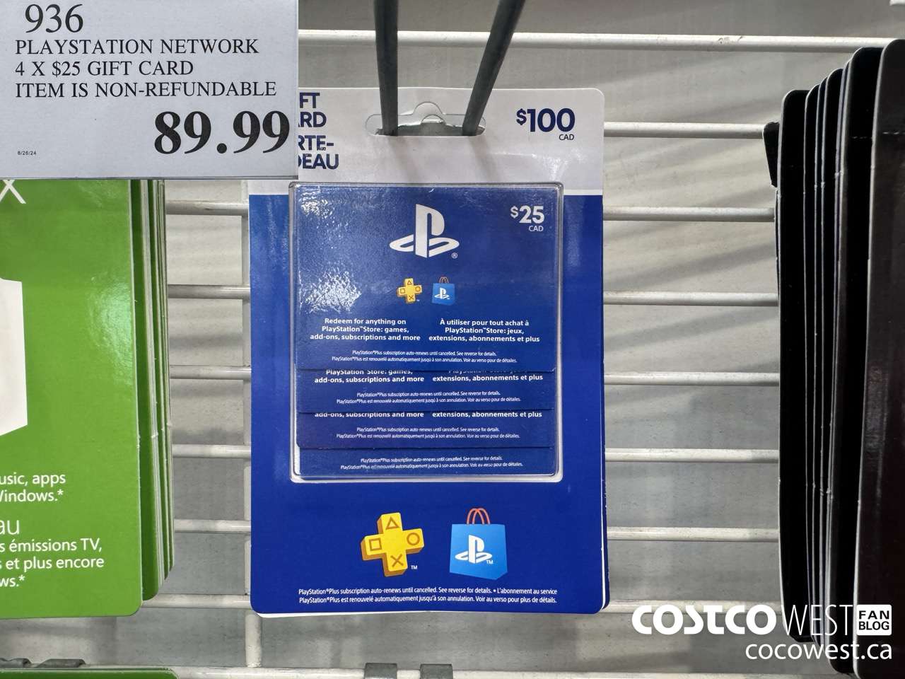 936 PLAYSTATION NETWORK 4 X $25 GIFT CARD ACTIVATED AT REGISTER $89.99