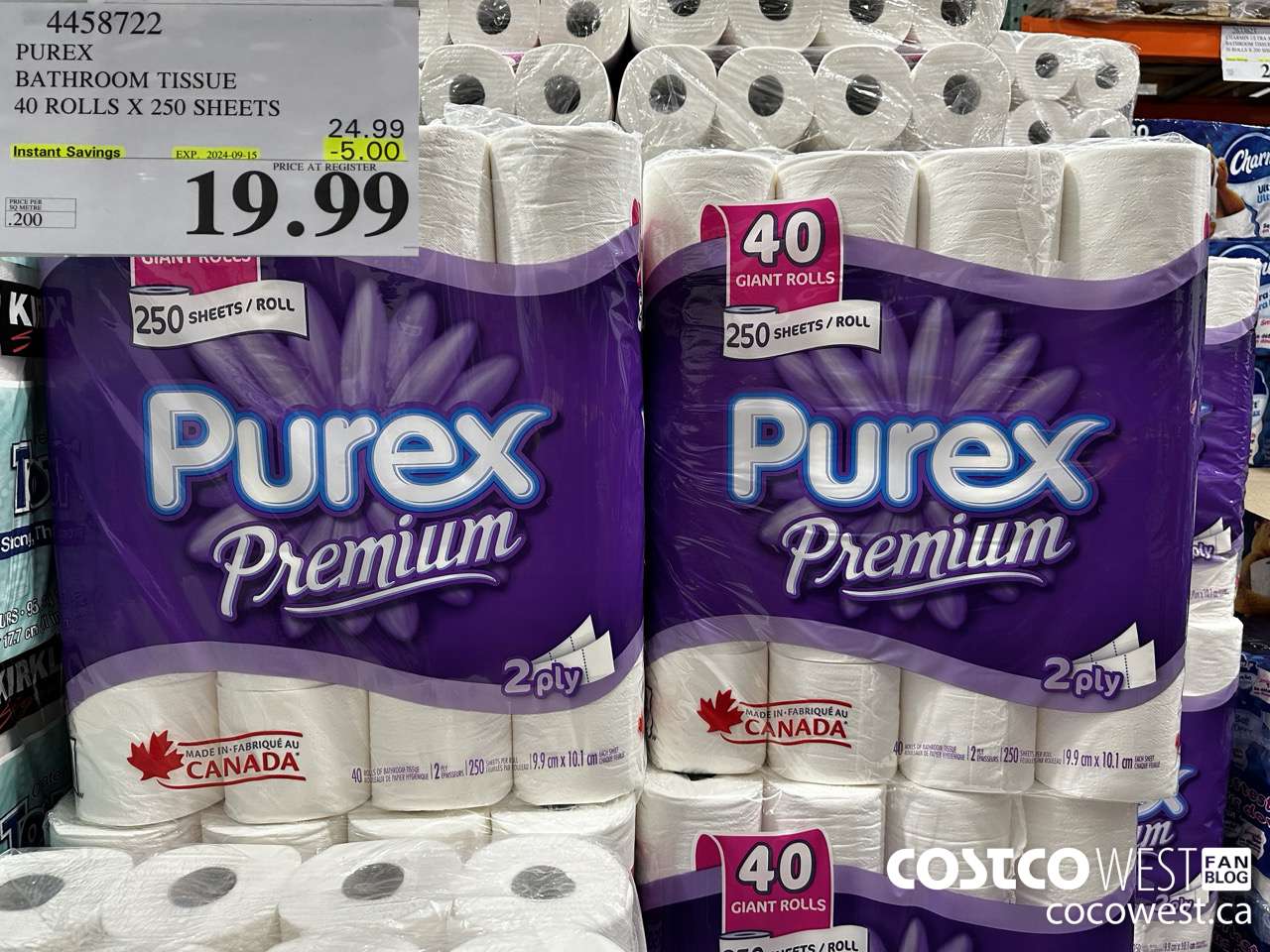 4458722 PUREX BATHROOM TISSUE 40 ROLLS X 250 SHEETS ($5.00 INSTANT SAVINGS EXPIRES ON 2024-09-15) $19.99