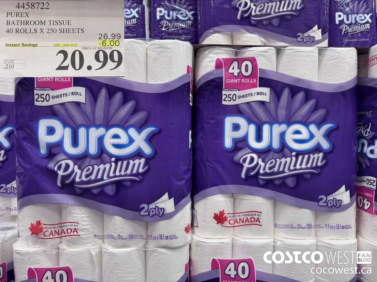 4458722 PUREX BATHROOM TISSUE 40 ROLLS X 250 SHEETS ($6.00 INSTANT SAVINGS EXPIRES ON 2024-10-27) $20.99