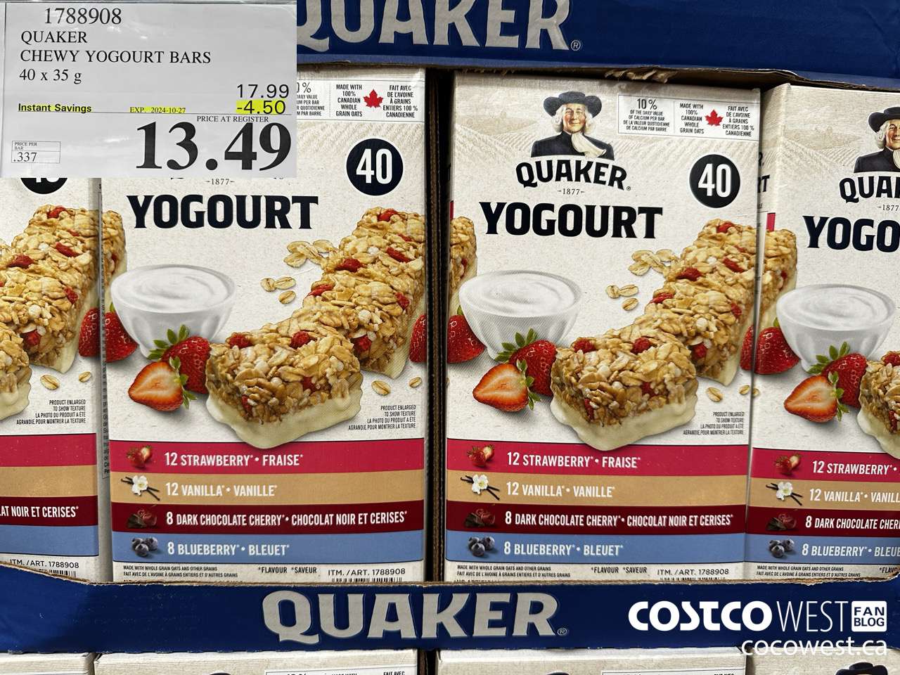 1788908 QUAKER CHEWY YOGOURT BARS 40 X 35 G ($4.50 INSTANT SAVINGS EXPIRES ON 2024-10-27) $13.49
