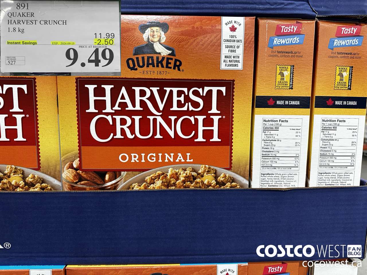 891 QUAKER HARVEST CRUNCH 1.8 KG ($2.50 INSTANT SAVINGS EXPIRES ON 2024-09-15) $9.49