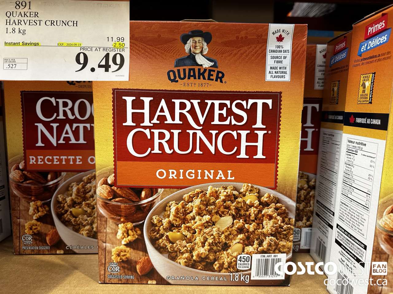 891 QUAKER HARVEST CRUNCH 1.8 KG ($2.50 INSTANT SAVINGS EXPIRES ON 2024-09-15) $9.49