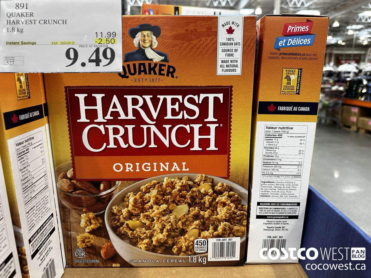 891 QUAKER HARVEST CRUNCH 1.8 KG ($2.50 INSTANT SAVINGS EXPIRES ON 2024-09-15) $9.49