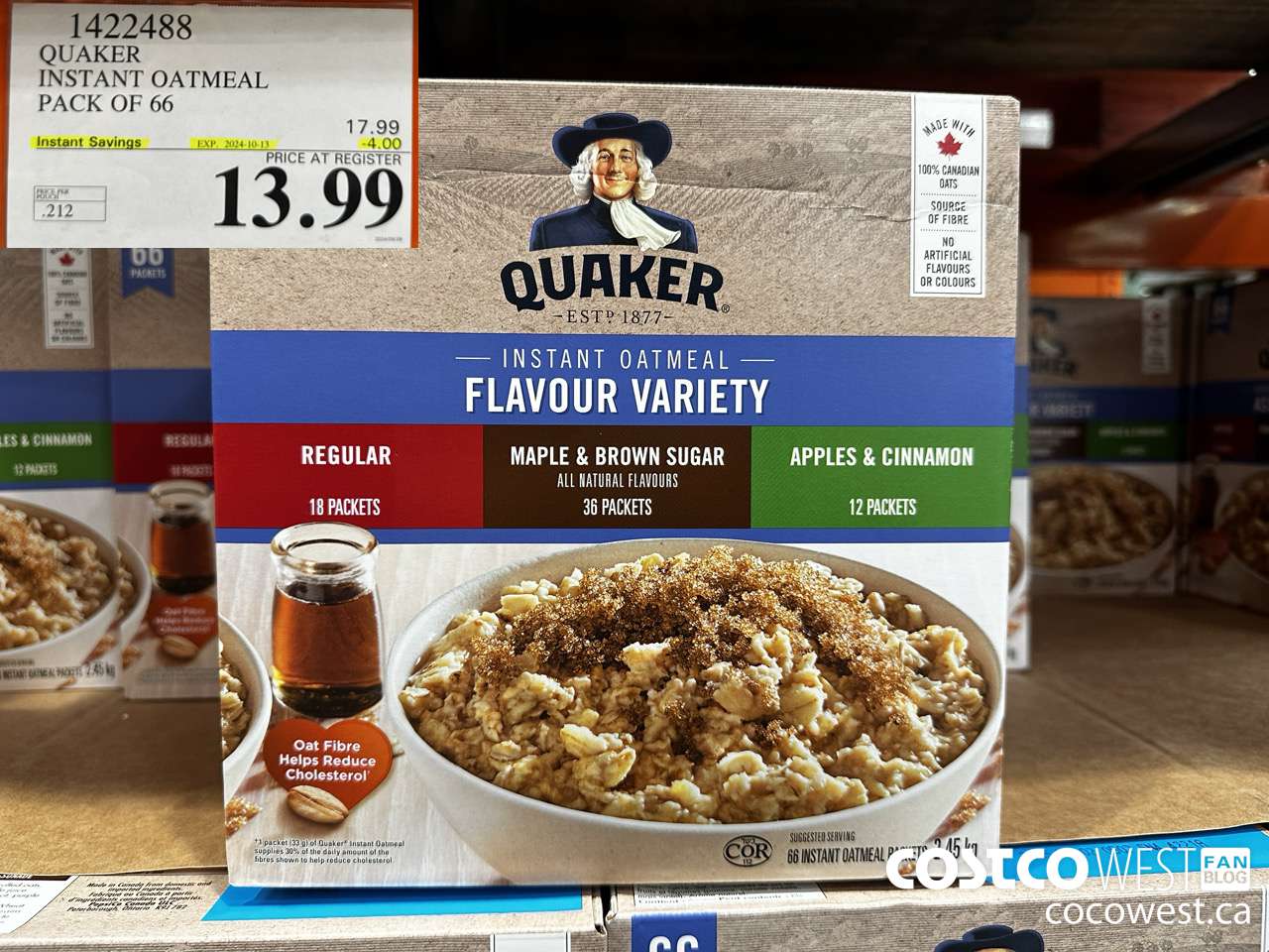 1422488 QUAKER INSTANT OATMEAL 66 COUNT ($4.00 INSTANT SAVINGS EXPIRES ON 2024-10-13) $13.99