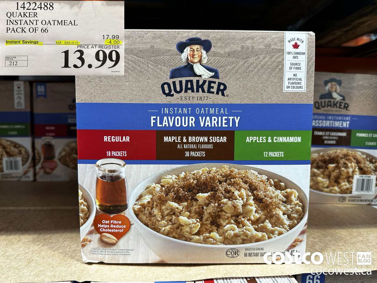1422488 QUAKER INSTANT OATMEAL 66 COUNT ($4.00 INSTANT SAVINGS EXPIRES ON 2024-10-13) $13.99