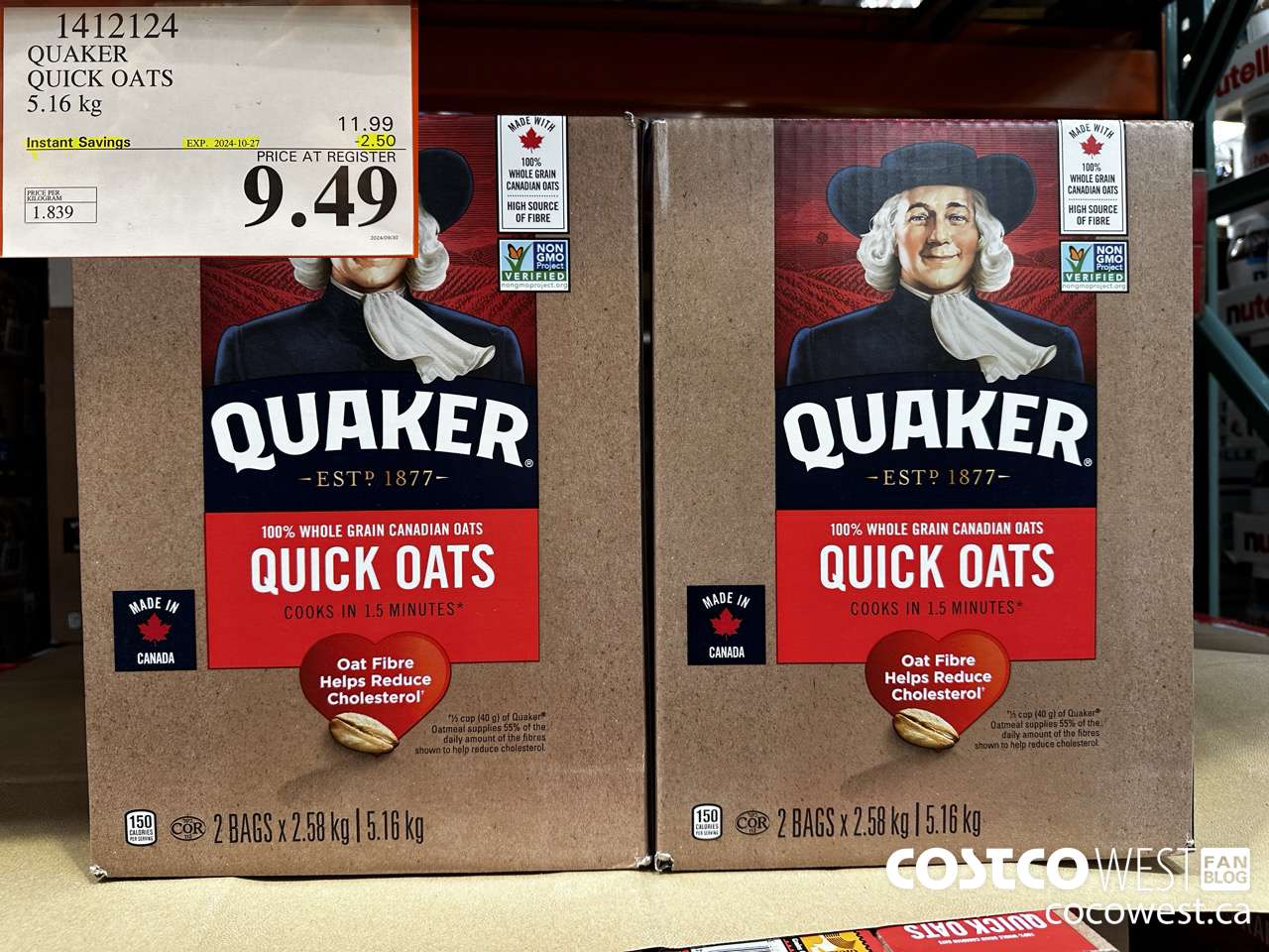 1412124 QUAKER QUICK OATS 5.16 kg ($2.50 INSTANT SAVINGS EXPIRES ON 2024-10-27) $9.49