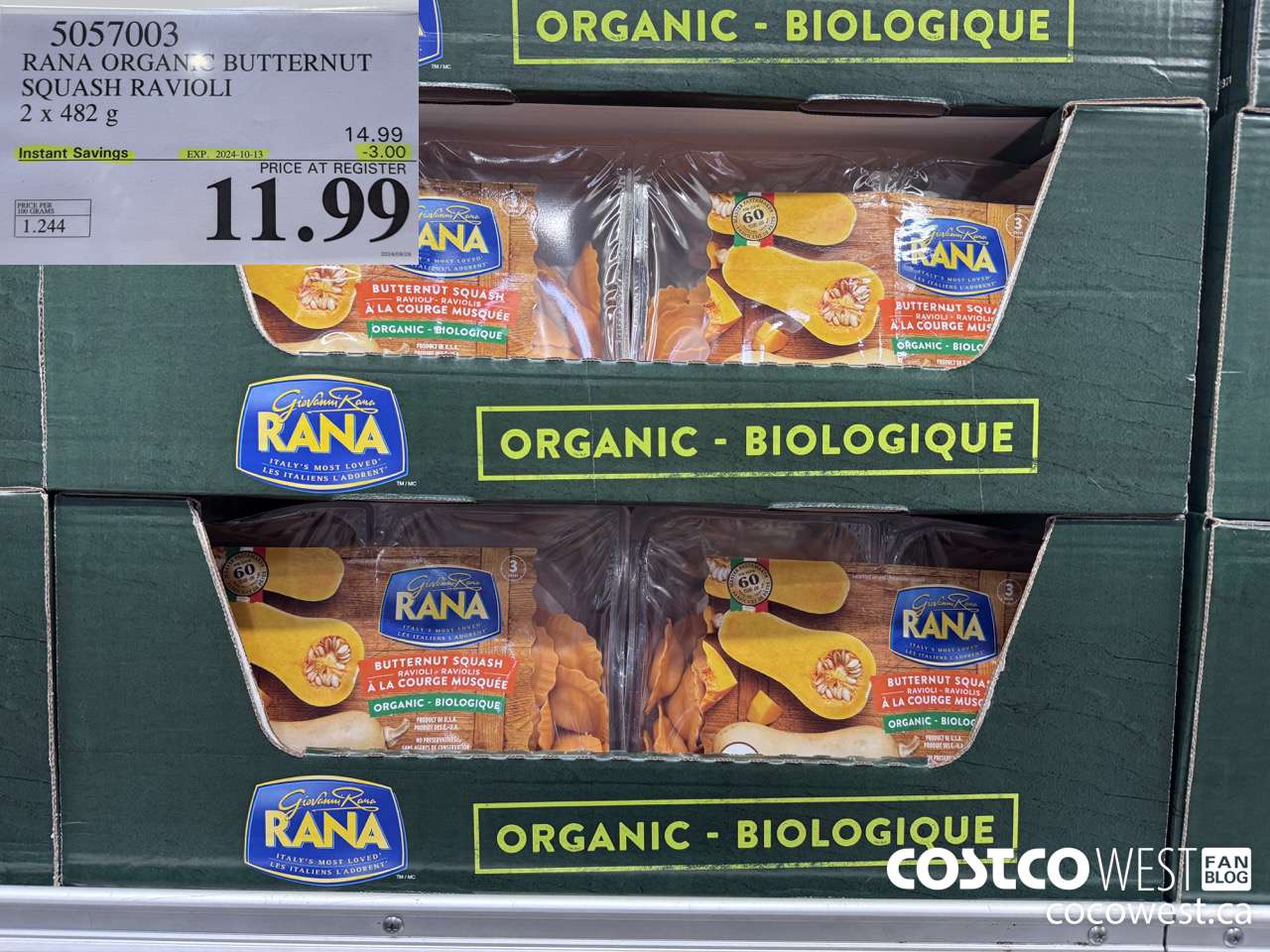 5057003 RANA ORGANIC BUTTERNUT SQUASH RAVIOLI 2 x 482 g ($3.00 INSTANT SAVINGS EXPIRES ON 2024-10-13) $11.99