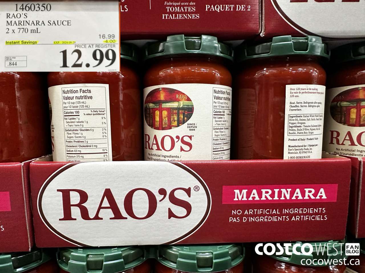 1460350 RAO'S MARINARA SAUCE 2 x 770mL ($4.00 INSTANT SAVINGS EXPIRES ON 2024-09-29) $12.99