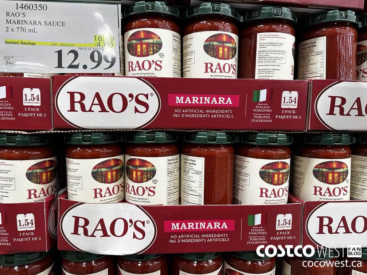 1460350 RAO'S MARINARA SAUCE 2 x 770mL ($4.00 INSTANT SAVINGS EXPIRES ON 2024-09-29) $12.99