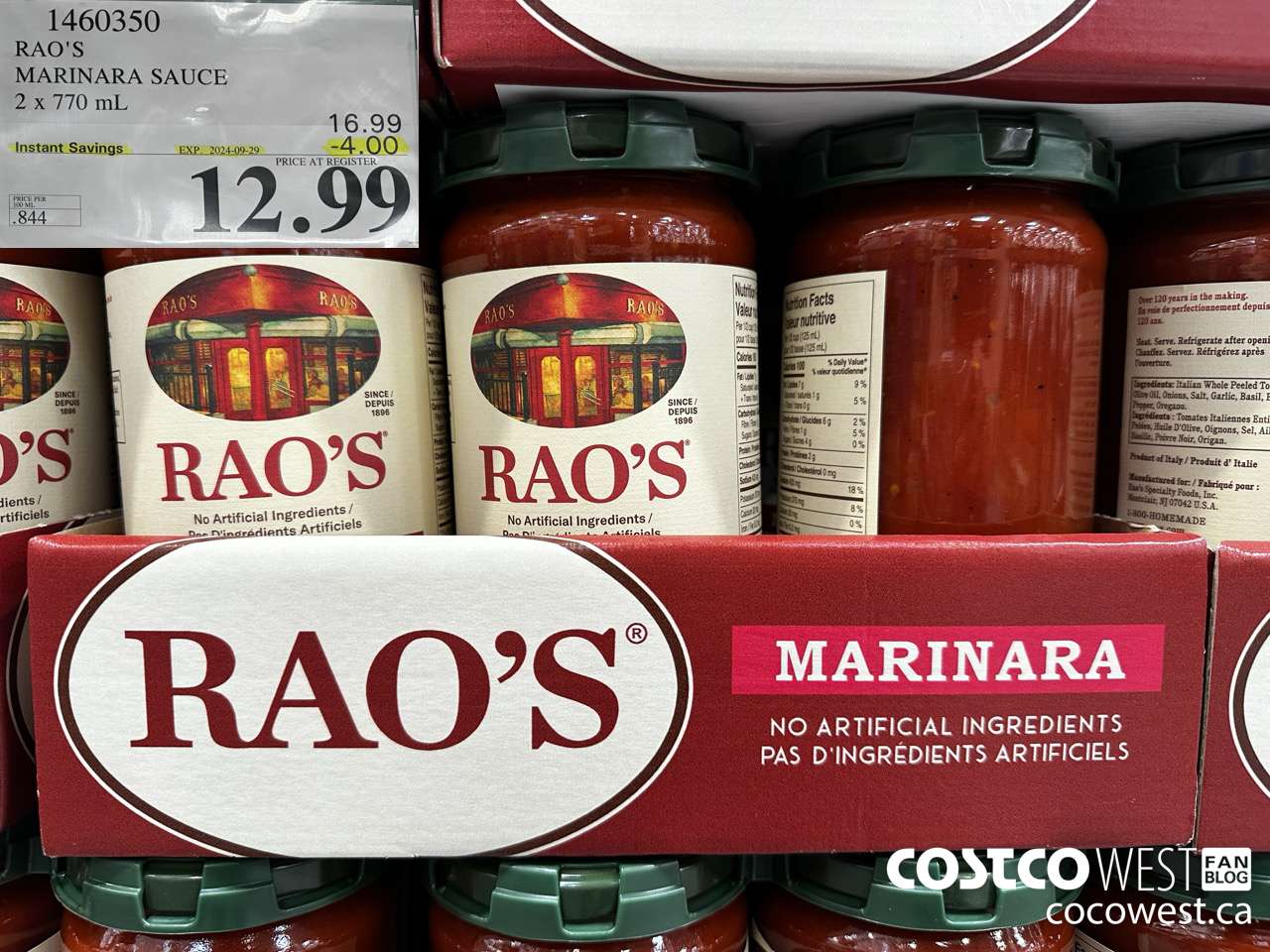 1460350 RAO'S MARINARA SAUCE 2 x 770mL ($4.00 INSTANT SAVINGS EXPIRES ON 2024-09-29) $12.99
