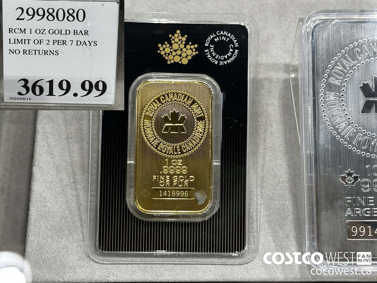 2998080 RCM 1 OZ GOLD BAR LIMIT OF 2 PER 7 DAYS NO RETURNS $3619.99