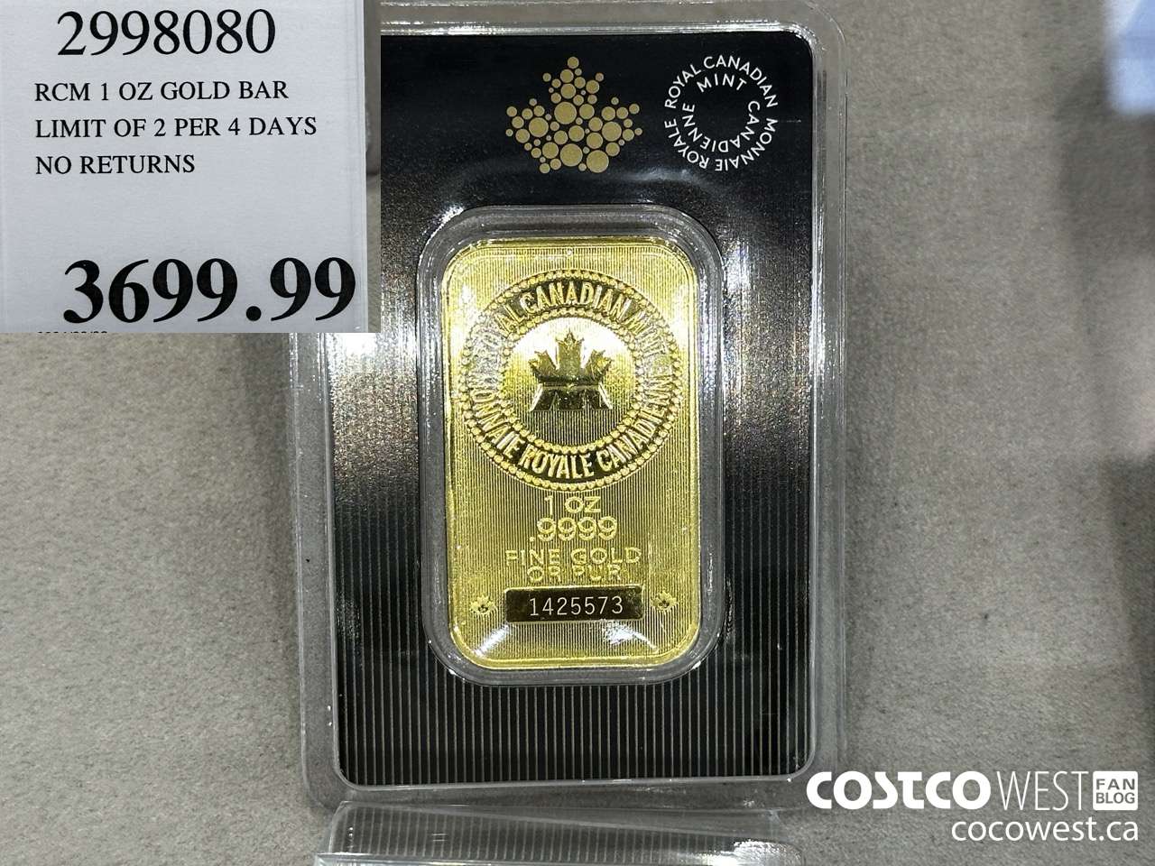 2998080 RCM 1 OZ GOLD BAR LIMIT OF 2 PER 7 DAYS NO RETURNS $3699.99
