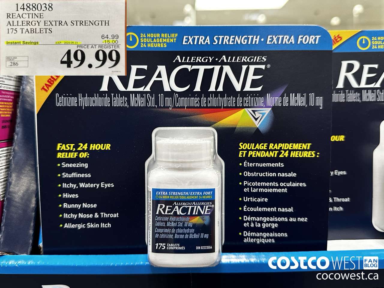 1488038 REACTINE ALLERGY EXTRA STRENGTH 175 TABLETS ($15.00 INSTANT SAVINGS EXPIRES ON 2024-09-15) $49.99