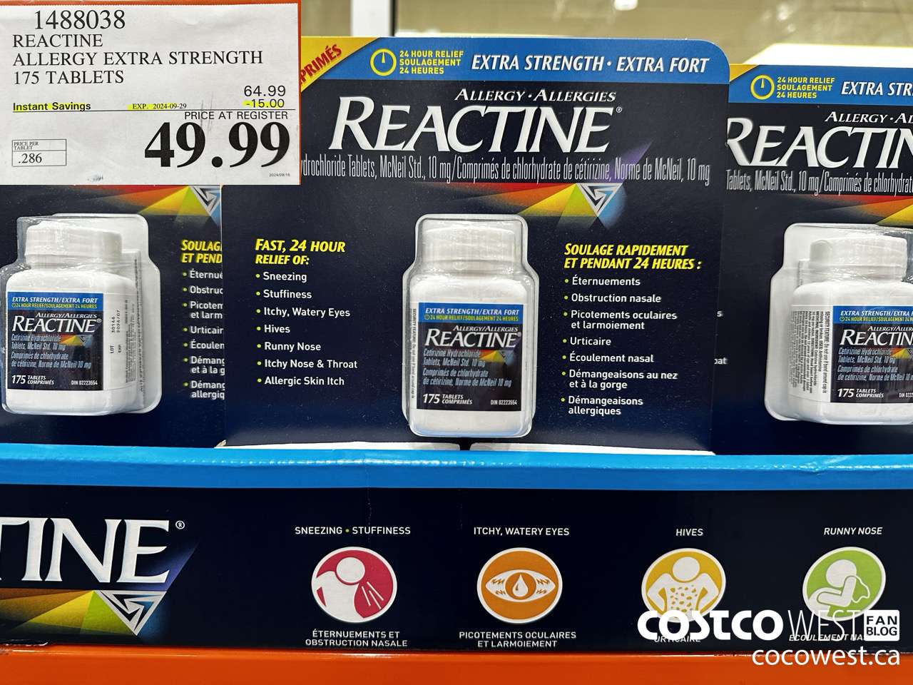 1488038 REACTINE ALLERGY EXTRA STRENGTH 175 TABLETS ($15.00 INSTANT SAVINGS EXPIRES ON 2024-09-29) $49.99