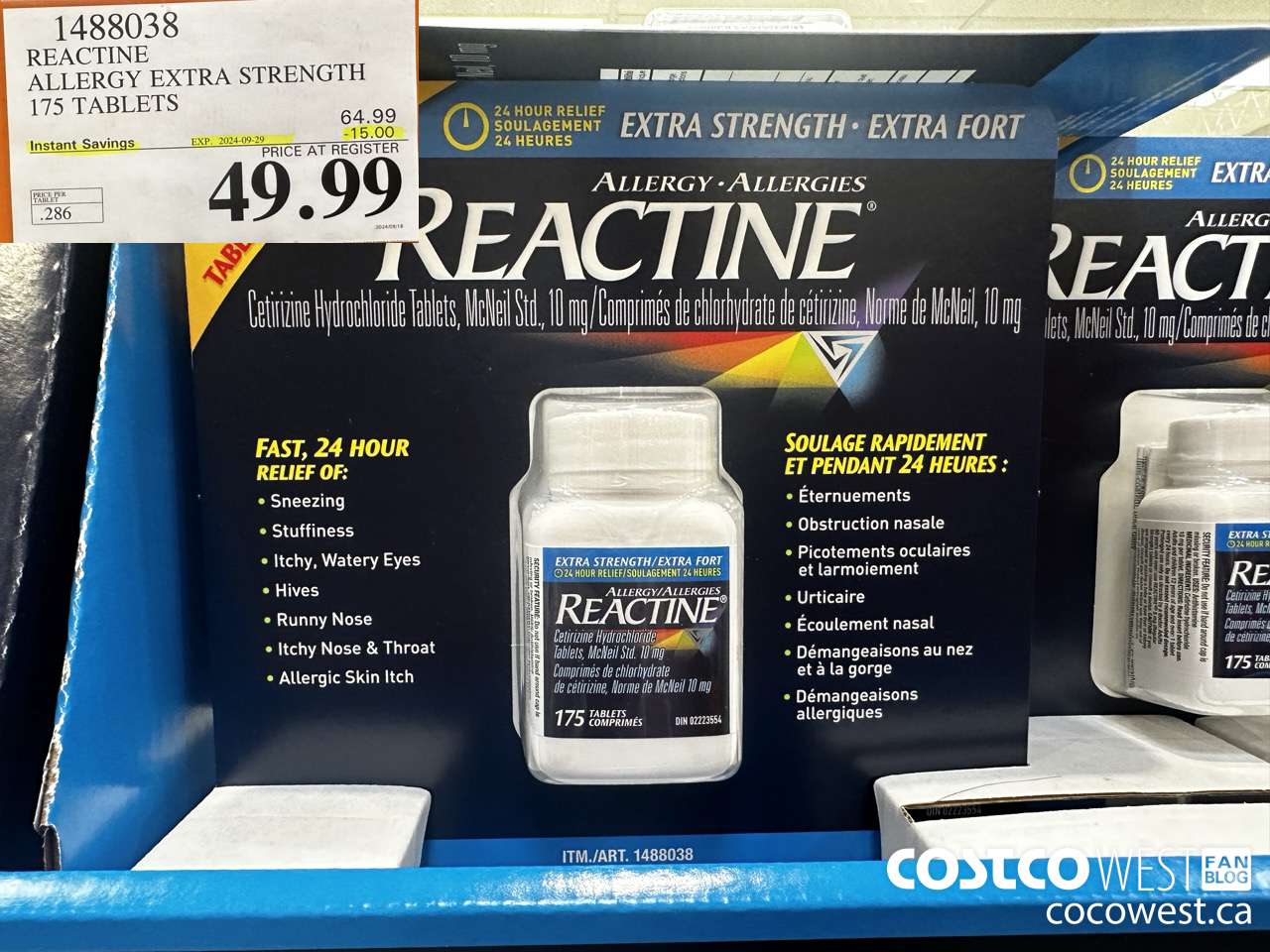 1488038 REACTINE ALLERGY EXTRA STRENGTH 175 TABLETS ($15.00 INSTANT SAVINGS EXPIRES ON 2024-09-29) $49.99
