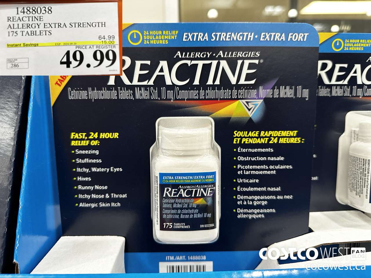 1488038 REACTINE ALLERGY EXTRA STRENGTH 175 TABLETS ($15.00 INSTANT SAVINGS EXPIRES ON 2024-09-29) $49.99