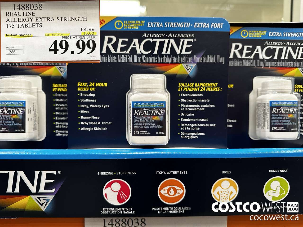 1488038 REACTINE ALLERGY EXTRA STRENGTH 175 TABLETS ($15.00 INSTANT SAVINGS EXPIRES ON 2024-09-29) $49.99