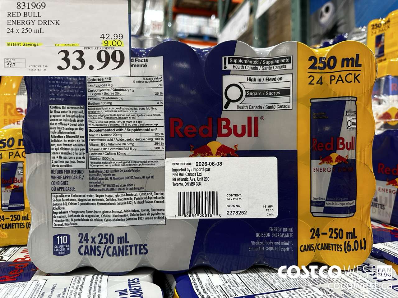 831969 RED BULL ENERGY DRINK 24 X 250ML ($9.00 INSTANT SAVINGS EXPIRES ON 2024-10-13) $33.99