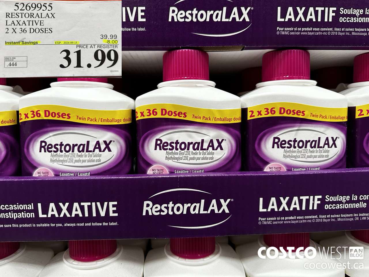5269955 RESTORALAX LAXATIVE 2 X 36 DOSES ($8.00 INSTANT SAVINGS EXPIRES ON 2024-09-15) $31.99