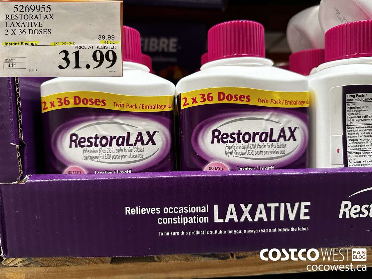 5269955 RESTORALAX LAXATIVE 2 X 36 DOSES ($8.00 INSTANT SAVINGS EXPIRES ON 2024-09-15) $31.99