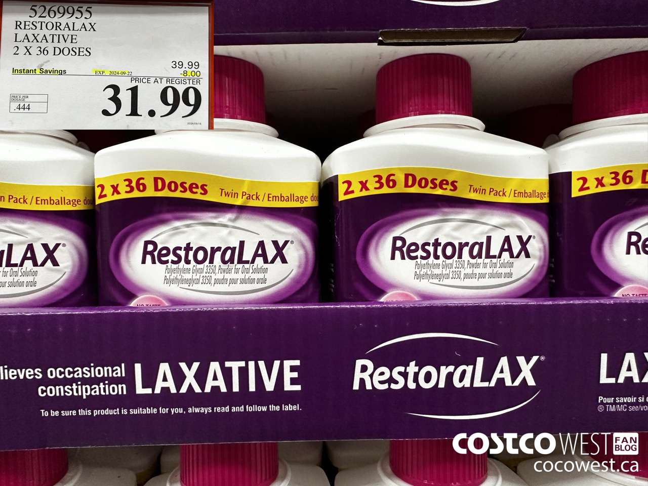 5269955 RESTORALAX LAXATIVE 2 X 36 DOSES ($8.00 INSTANT SAVINGS EXPIRES ON 2024-09-22) $31.99