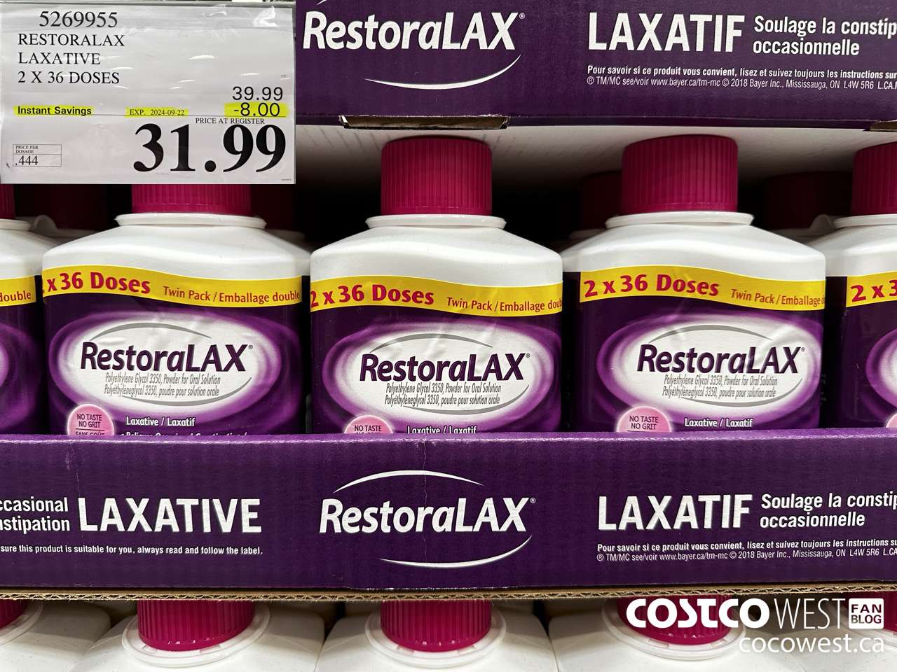 5269955 RESTORALAX LAXATIVE 2 X 36 DOSES ($8.00 INSTANT SAVINGS EXPIRES ON 2024-09-22) $31.99