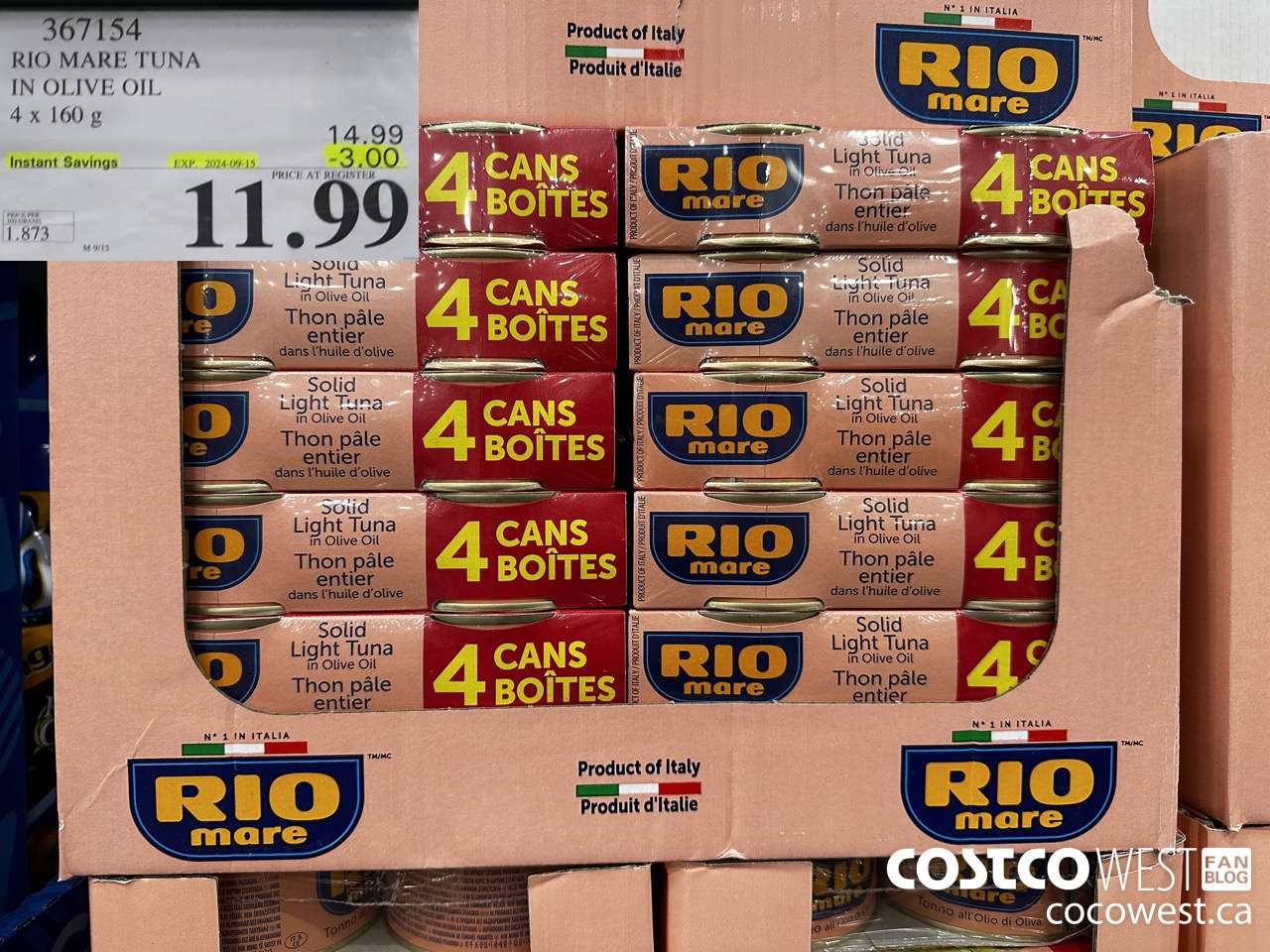 367154 RIO MARE TUNA IN OLIVE OIL 4 x 160 g ($3.00 INSTANT SAVINGS EXPIRES ON 2024-09-15) $11.99