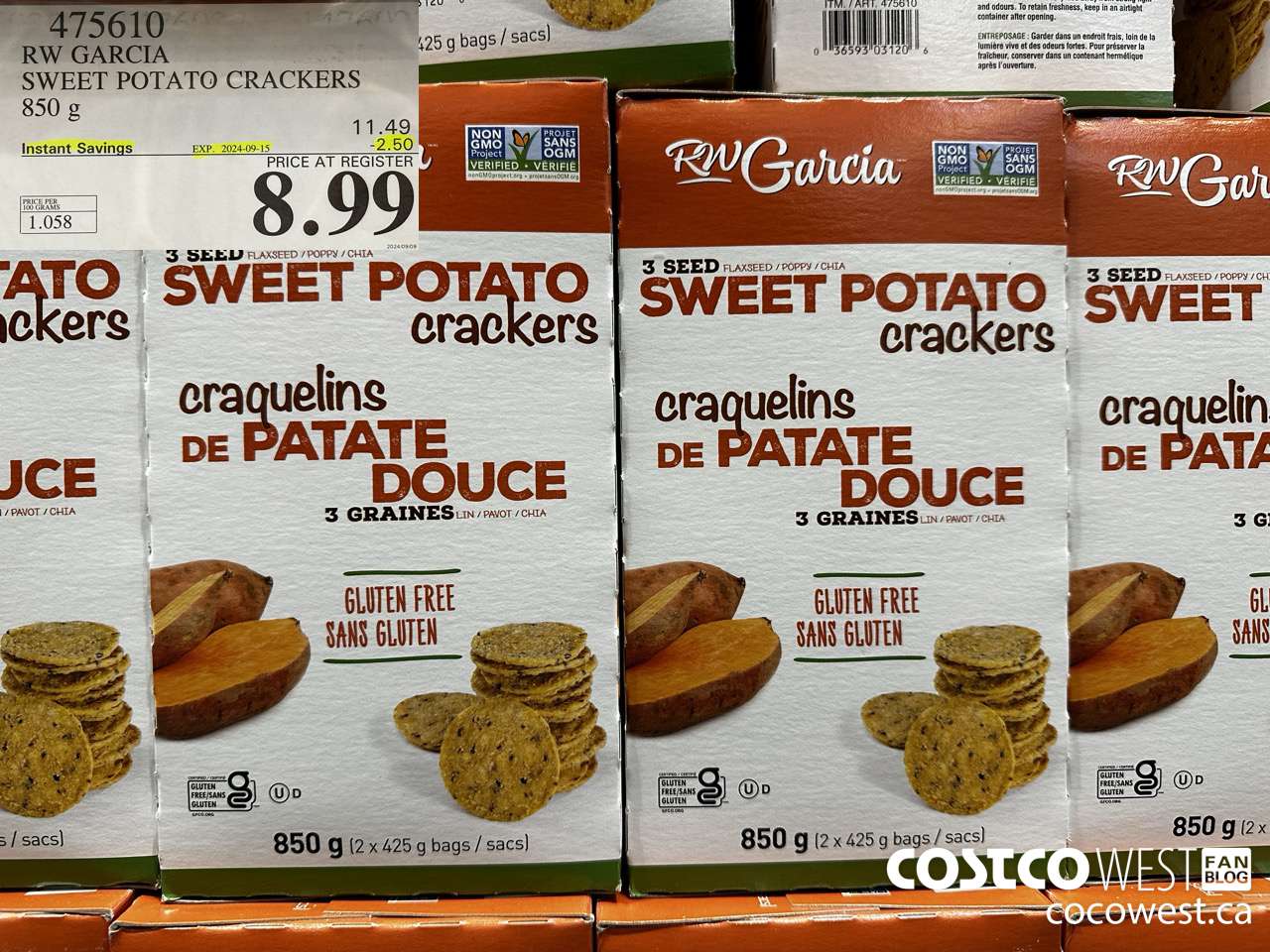 475610 RW GARCIA SWEET POTATO CRACKERS 850 g ($2.50 INSTANT SAVINGS EXPIRES ON 2024-09-15) $8.99
