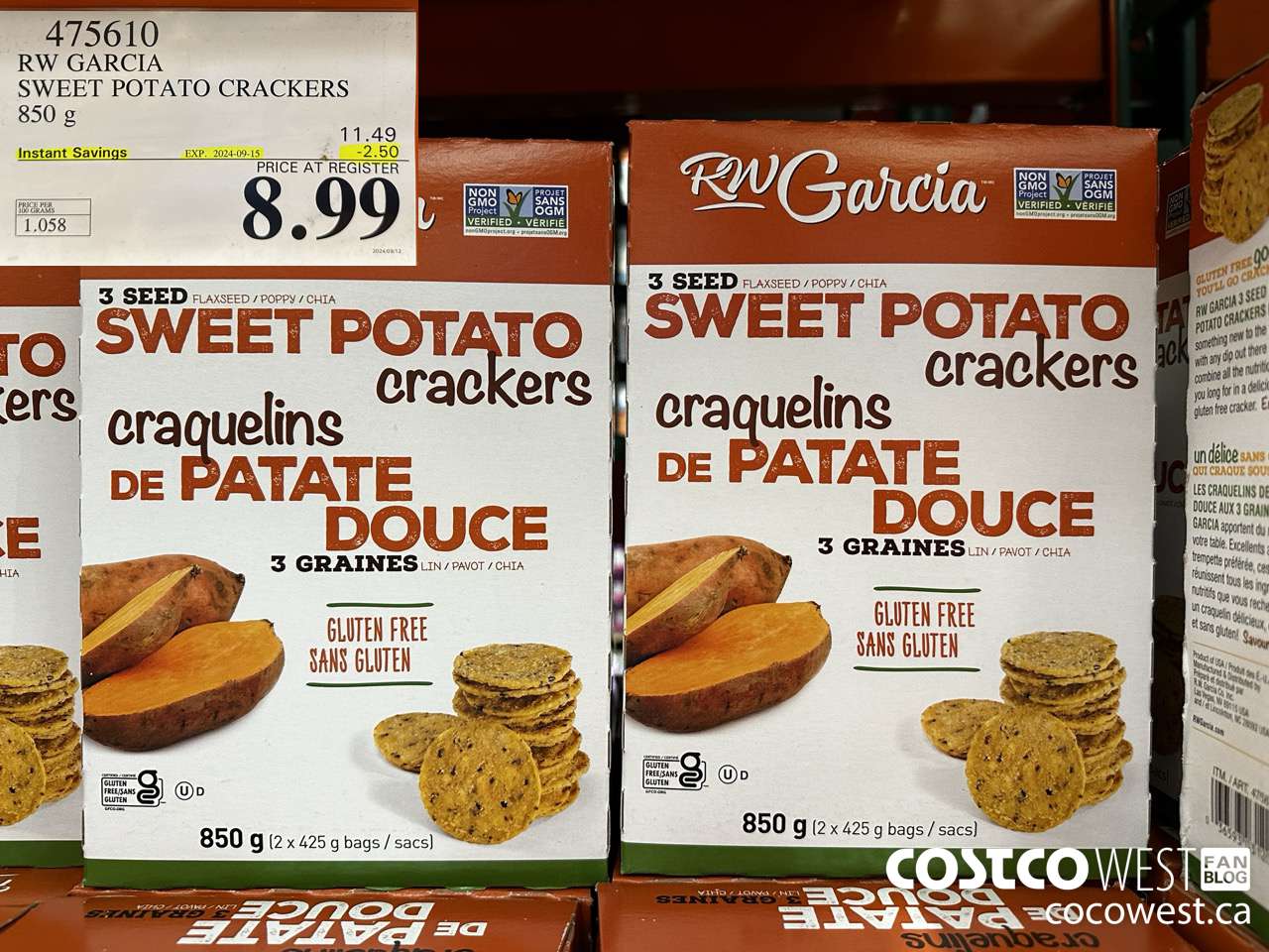 475610 RW GARCIA SWEET POTATO CRACKERS 850 g ($2.50 INSTANT SAVINGS EXPIRES ON 2024-09-15) $8.99