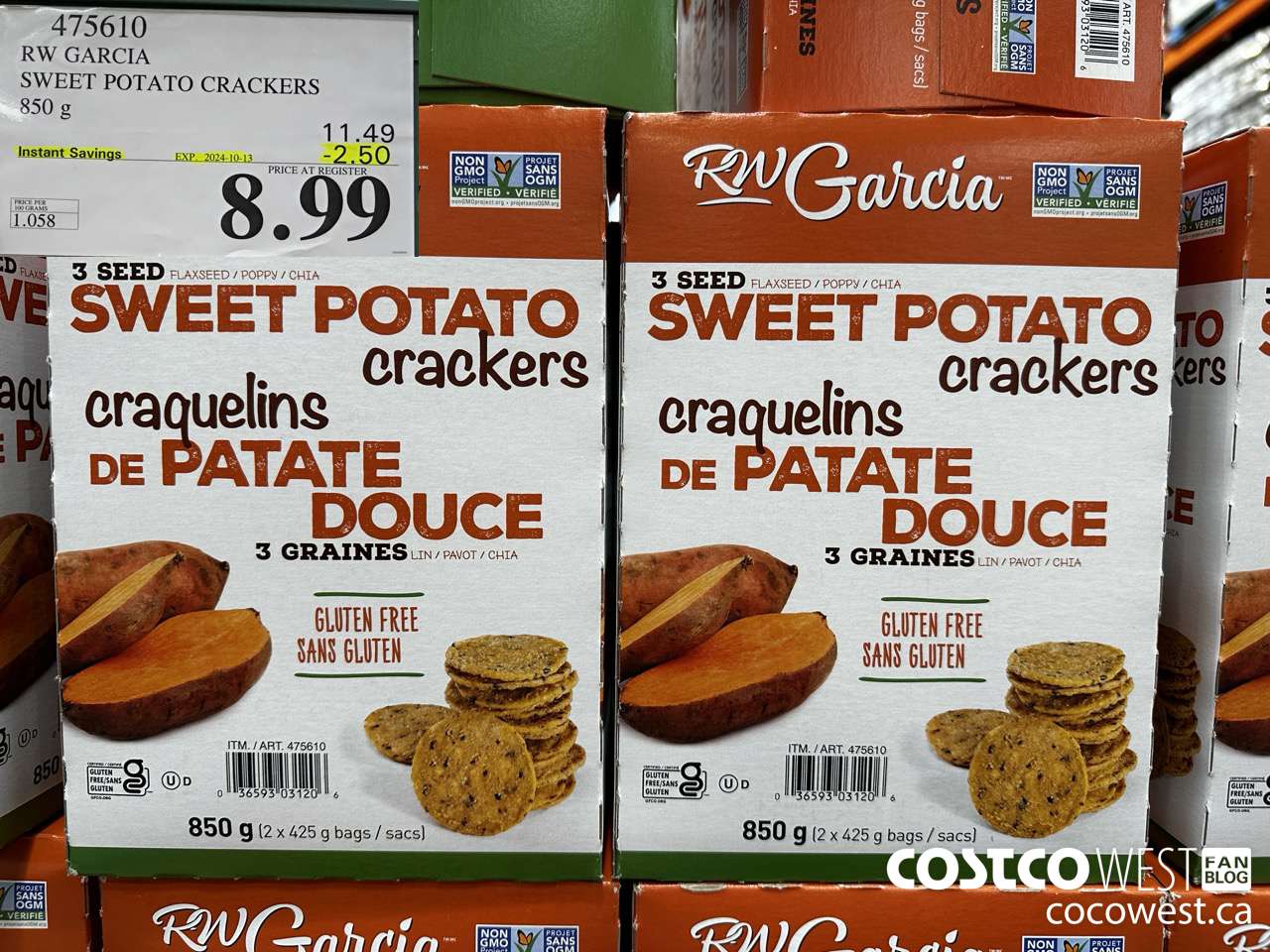 475610 RW GARCIA SWEET POTATO CRACKERS 850 g ($2.50 INSTANT SAVINGS EXPIRES ON 2024-10-13) $8.99