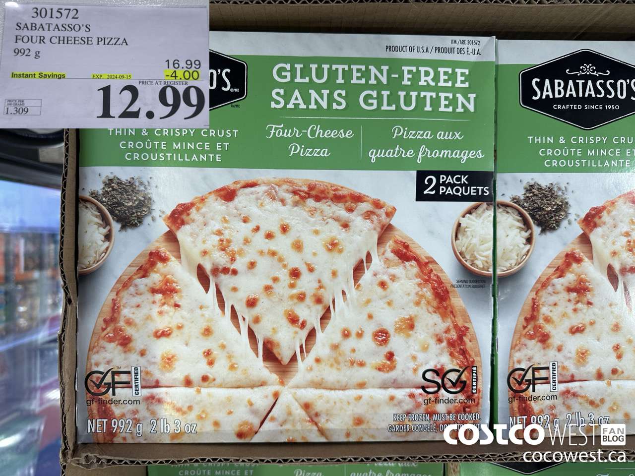 301572 SABATASSO'S GLUTEN-FREE CHEESE PIZZA 2 X 496 G ($4.00 INSTANT SAVINGS EXPIRES ON 2024-09-15) $12.99