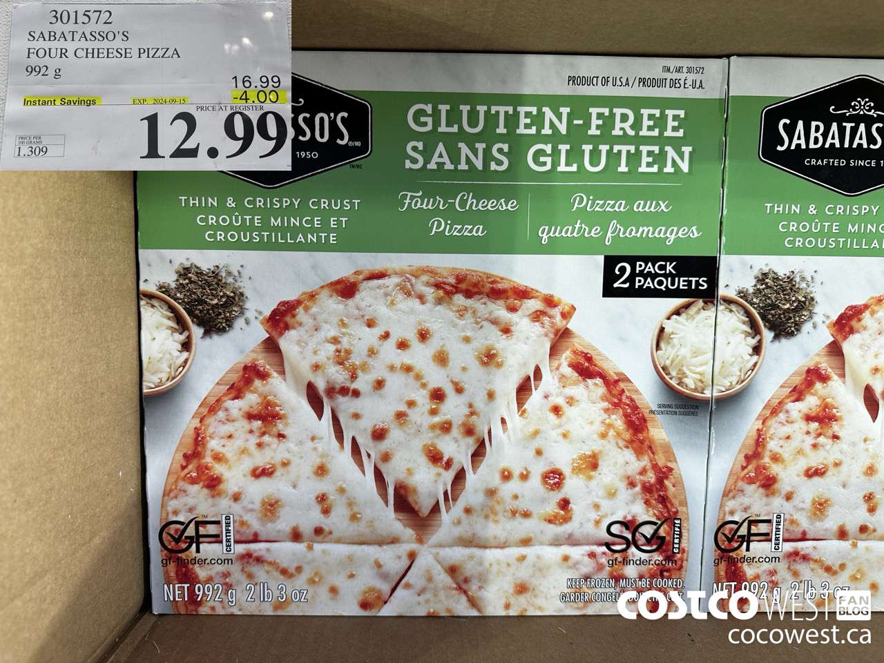 301572 SABATASSO'S GLUTEN-FREE CHEESE PIZZA 2 X 496 G ($4.00 INSTANT SAVINGS EXPIRES ON 2024-09-15) $12.99
