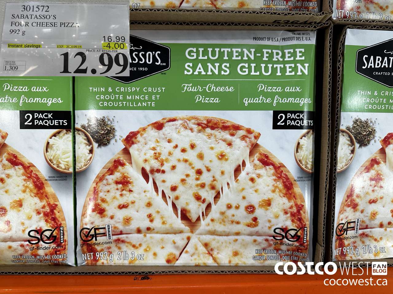 301572 SABATASSO'S GLUTEN-FREE CHEESE PIZZA 2 X 496 G ($4.00 INSTANT SAVINGS EXPIRES ON 2024-09-15) $12.99