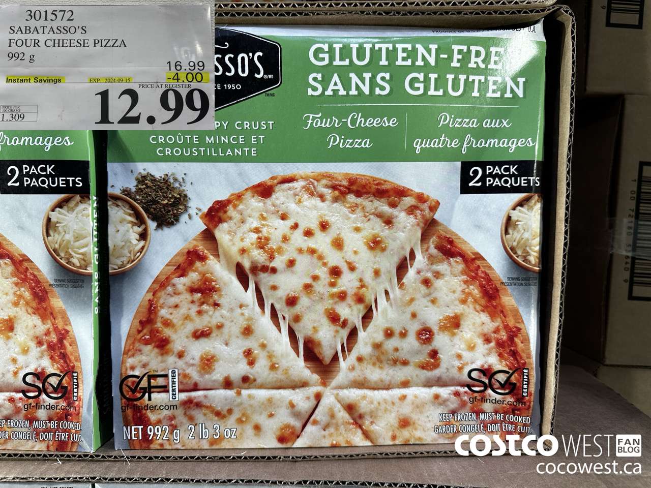 301572 SABATASSO'S GLUTEN-FREE CHEESE PIZZA 2 X 496 G ($4.00 INSTANT SAVINGS EXPIRES ON 2024-09-15) $12.99